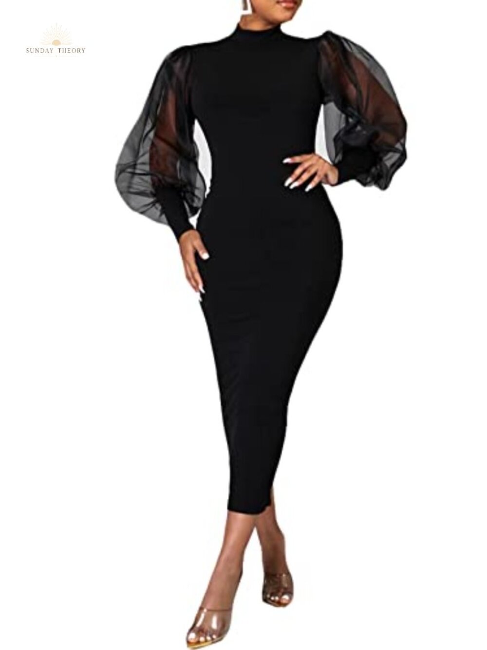 Women's Sheer Mesh Puff Lantern Sleeve Bodycon Midi Dress